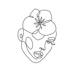 Female Face with Flower Continuous One Line Drawing. Woman Abstract Head Doodle Hand Drawn Vector Illustration. Woman Portrait Line Art Creative Graphic Design Minimalist Style.