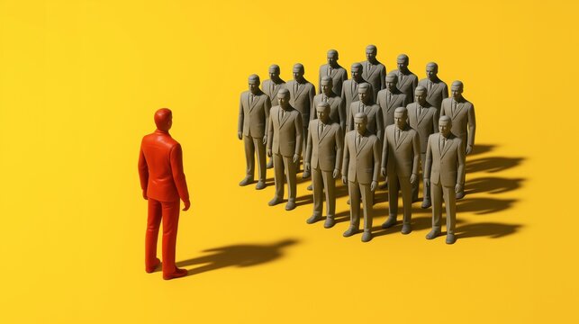 A Single Red Figure Standing Apart & Facing a Group of Gray Figures, Individuality & Leadership: Nonconformity & Boldness. Social Trend Analysis, Team Building (Diversity), Corporate Culture