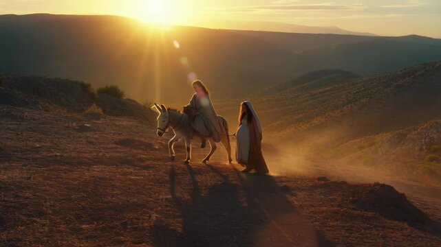 Biblical journey at sunrise with Mary riding a donkey and follower walking alongside through desert landscape. Spiritual pilgrimage symbolizing faith, devotion and the path to Bethlehem