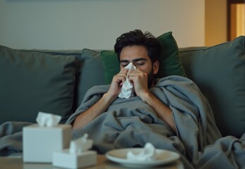 Man Lying on Couch Blowing Nose with Tissue