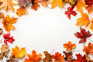 A beautiful frame of colorful red, orange, and yellow autumn leaves arranged on a plain white background.