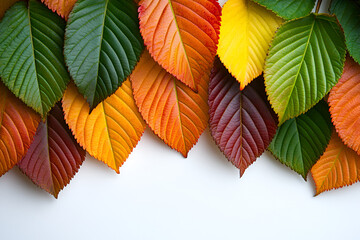Fototapeta premium Vibrant autumn leaves in a spectrum of colors from green to red, arranged as a top border on a white background.