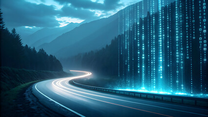 Futuristic digital waterfall flows down mountainous terrain alongside a winding road illuminated by streaks of light