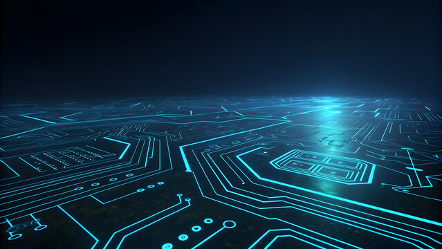 Abstract digital circuit board with glowing blue lines representing data flow and technological advancement in a dark futuristic landscape