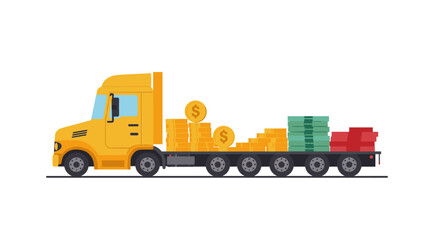 Flat truck carrying stacks of coins and cash in transit illustration