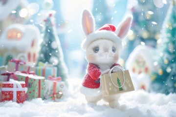 Bear and bunny friends with big eyes playing in a pile of wrapped gifts, pastel snow falling around, cozy cabin background