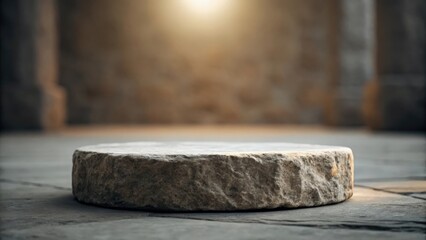 Irregular stone base framed by gentle spotlight — raw elegance in focused minimalism
