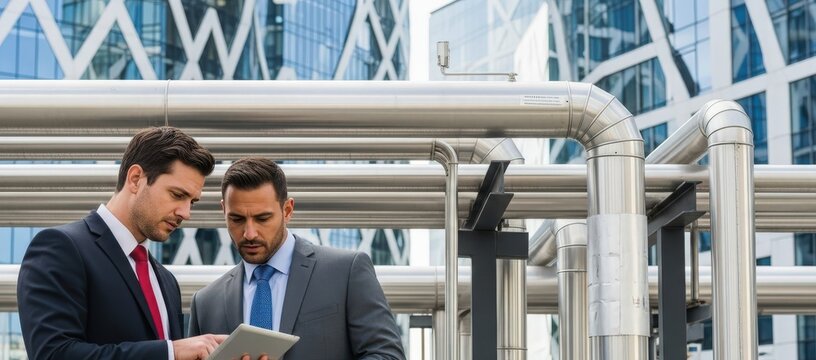 Two men in suits, collaborating on a tablet in front of a modern building and industrial piping. They seem to be deeply engaged in their discussion, likely discussing business strategies