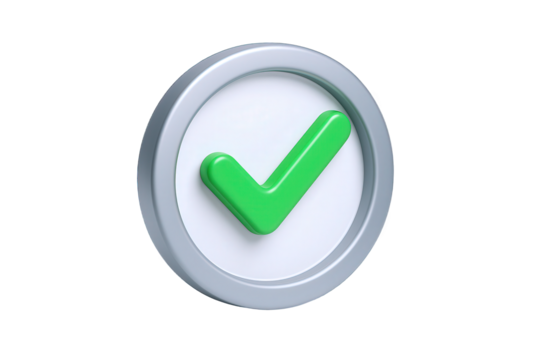 3D Rendered Green Check Mark Symbol Inside a Circular Frame, Indicating Approval or Completion