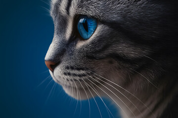 Close-Up Portrait of Beautiful Cat with Striking Blue Eyes and Intense Gaze on Soft Backdrop