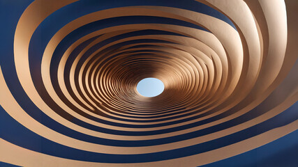 Obraz premium An mesmerizing abstract image featuring a spiraling vortex of metallic gold and deep blue layers, drawing the eye towards a single point of bright light at its center. The design creates a feeling of 