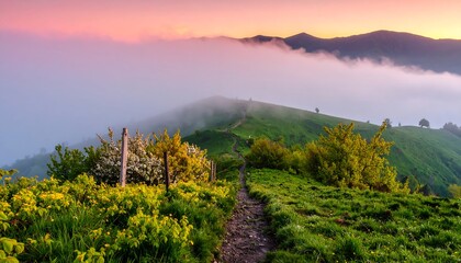 Naklejka premium Misty mountain path at dawn