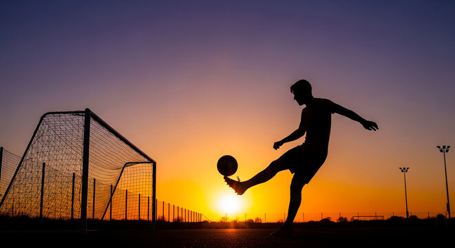 Silhouette of a soccer player practicing ball control skills against a vibrant sunset sky.