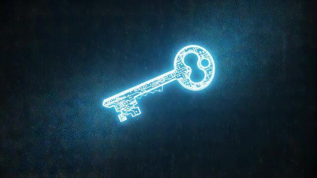 A glowing blue digital key icon made of particles against a dark, binary code background, symbolizing technology and security
