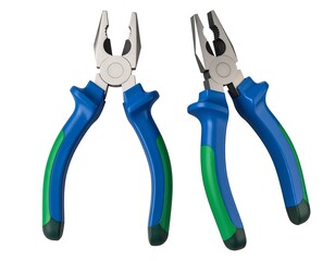 Two blue and green pliers on a white background