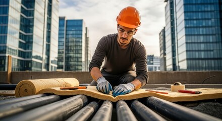 A construction worker expertly cutting insulation on a rooftop amidst a backdrop of skyscrapers. This scene encapsulates precision, safety, and the built environment.