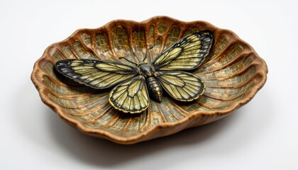 a high resolution, ultra sharp isolated insect shell jewelry tray made from leaf carbon textile, placed on a pure white background with no shadow or minimal soft shadows only