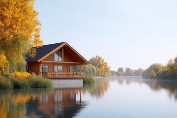 Cozy Cabin on Tranquil Lake Surrounded by Autumn Foliage