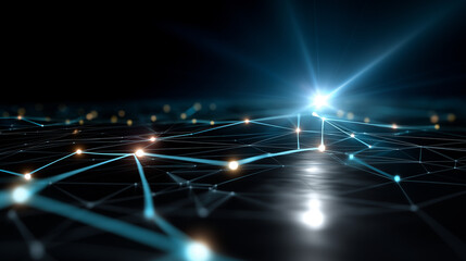 Blockchain network nodes connected by glowing lines on a dark grid