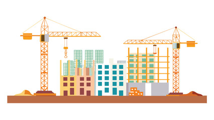 Illustration of a construction site with cranes and buildings in various stages of completion