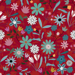 Fototapeta premium Aesthetic ,flowers pattern design ,Floral pattern seamless ,flower branches seamless pattern , Seamless flower pattern with colorful little flowers. Simple flat bright flowers background
