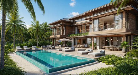 Fototapeta premium Exterior view of a luxury modern villa with a swimming pool and lush tropical garden