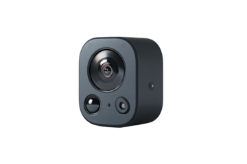Dark gray square security camera, front-facing lens