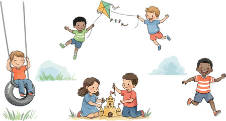 water colour illustration of a children playing in isolated on white background 
