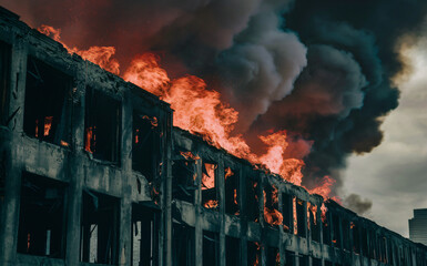 Building fire emergency disaster destruction danger burning building scene
