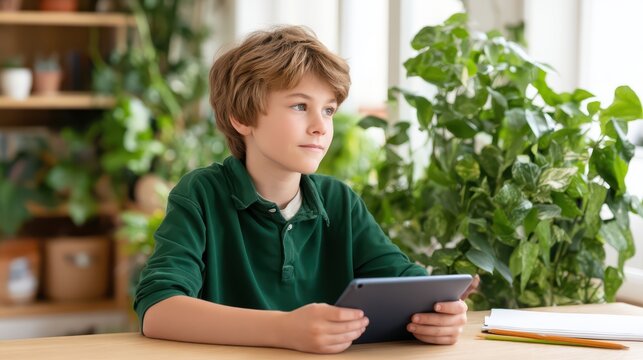 Thoughtful boy using tablet in bright indoor garden space