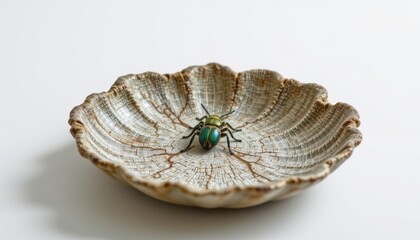 Fototapeta premium a high resolution, ultra sharp isolated insect shell jewelry tray made from engineered lichen mesh, placed on a pure white background with no shadow or minimal soft shadows only