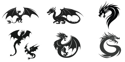 set of dragon silhouette illustrations for fantasy and mythology designs