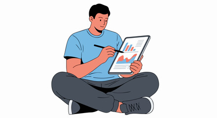 Focused businessman analyzing data trends and financial growth projections on tablet, planning strategy for business success and market leadership