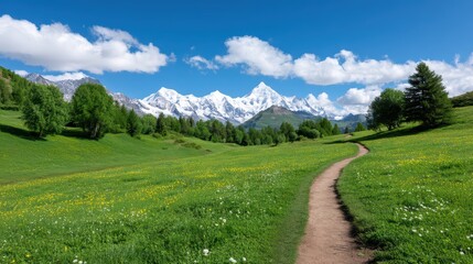 Obraz premium Scenic Mountain Landscape with Lush Green Meadow Pathway