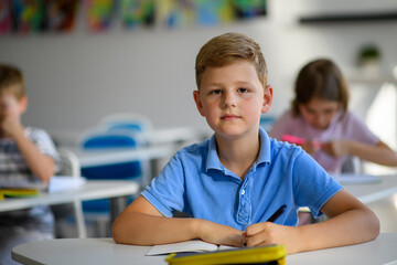 School boy sitting at the desk in classroom, looking at camera.