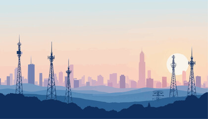 Naklejka premium City Skyline with Communication Towers at Sunset in Modern Urban Landscape