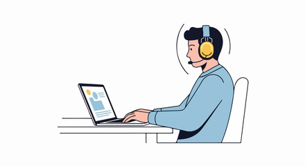 Dedicated Customer Service Agent Providing Assistance Online with Headset and Laptop, Offering Tech Support and Solutions for Clients Worldwide