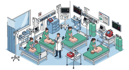 Naklejka premium A medical training room with staff practicing CPR on dummies, supervised by a doctor in a white coat.