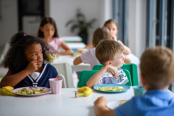 Kids in school eating in canteen, having healthy lunch.