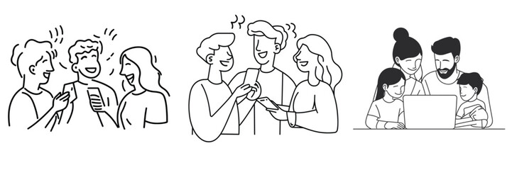 set of minimal line illustrations of people interacting with smartphones and laptops