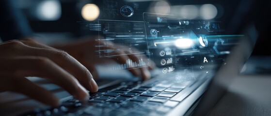 The hands typing on a laptop with advanced digital interface elements.