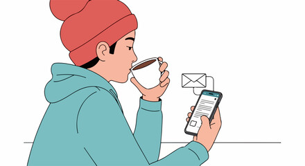 Relaxed young adult checking phone while enjoying warm coffee, staying connected with modern technology, promoting mobile lifestyle and simple pleasures