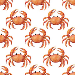 Seamless pattern with red crabs painted in watercolor. White background. Perfect for seafood packaging, kids design, summer decorations, beach-themed projects, fabric and wrapping paper.