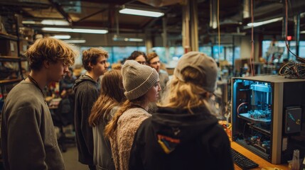 wide shot of students gathered around a workstation with a mentor explaining components and processes, cinematic composition, warm industrial light