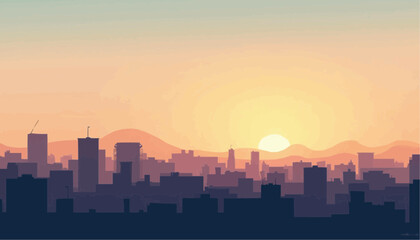 Naklejka premium Sunset Over City Skyline with Distant Mountains in Soft Pastel Colors
