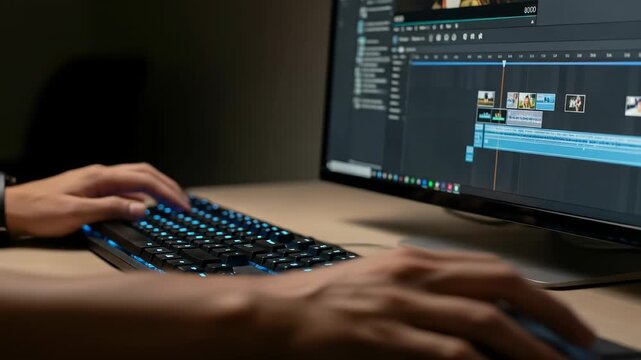 Close up of hands using keyboard and mouse in front of a computer screen displaying video editing interface capturing the essence of digital technology and software design with soft lighting