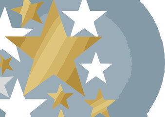 Obraz premium Gold and white star pattern on a light gray background. Abstract design with a variety of star shapes and sizes for use in marketing, presentations, or editorial design.