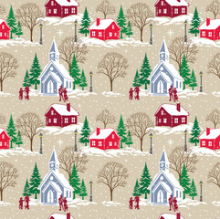 Christmas Snowy Village and Church  Seamless Pattern- Christmas Vintage Snowy scene vector Illustration
