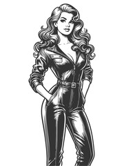 woman wearing a fitted leather jumpsuit, exuding confidence and power sketch engraving generative ai fictional character raster illustration. Scratch board imitation. Black and white image.