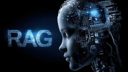 A robotic hand interacts with a glowing brain representation, showcasing the fusion of artificial intelligence. RAG (Retrieval Augmented Generation). LLM (Large Language Model)